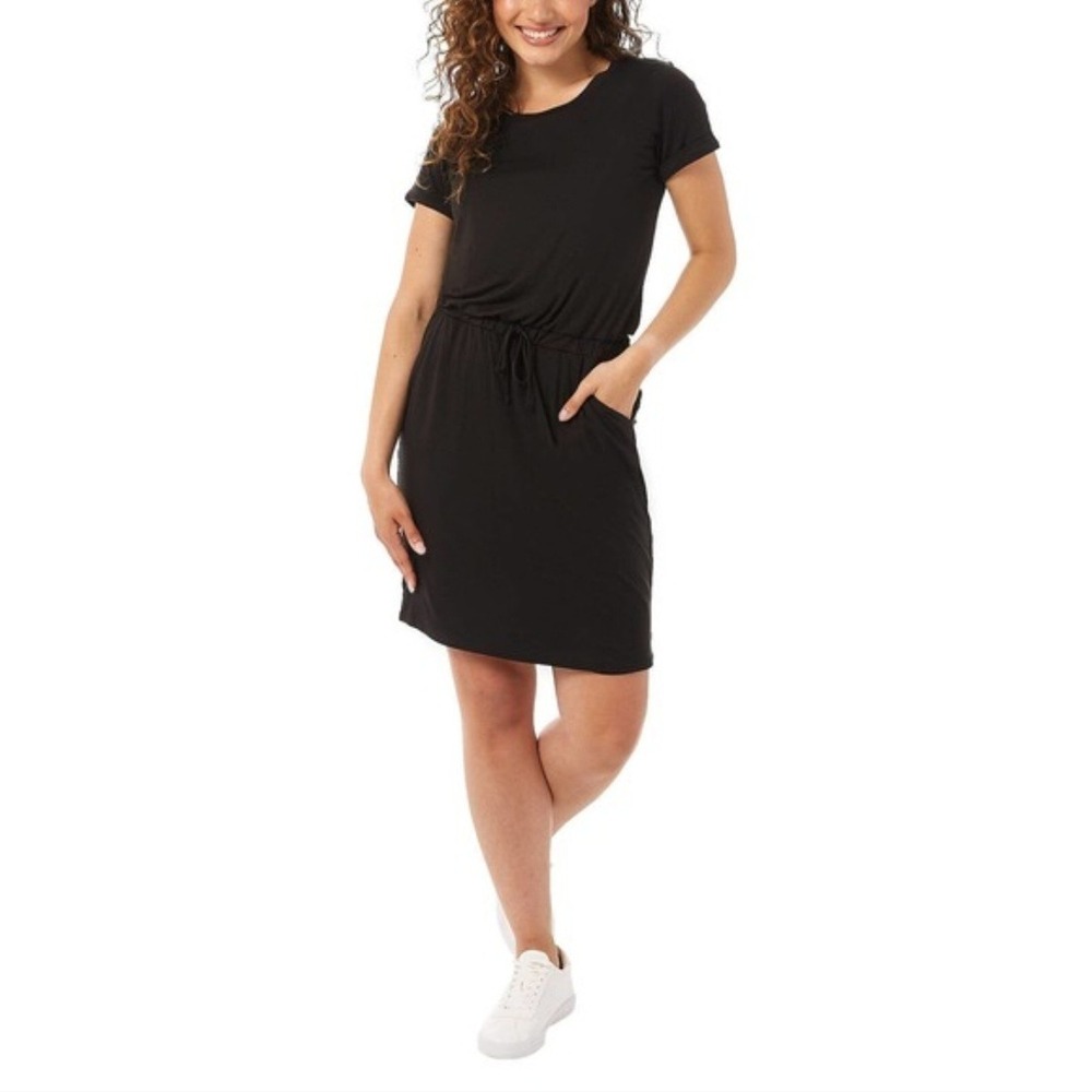 NWT 32 Degrees Cool Womens Black Short Sleeve Drawstring Waist Pocket Dress Lg